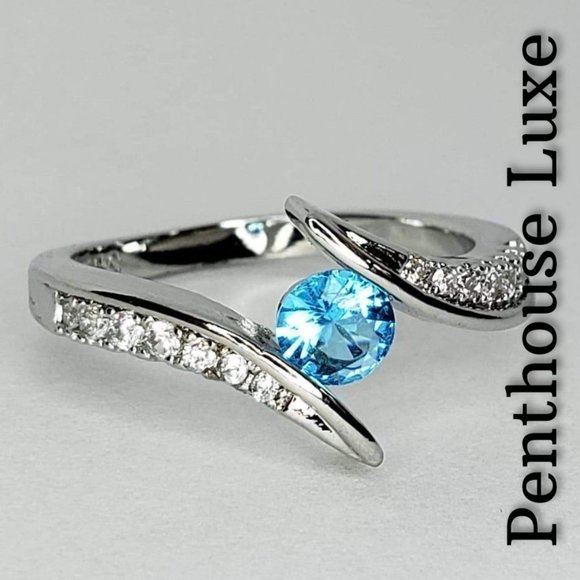 Aquamarine White Sapphire Silver Bypass Swirl Ring - Picture 1 of 5